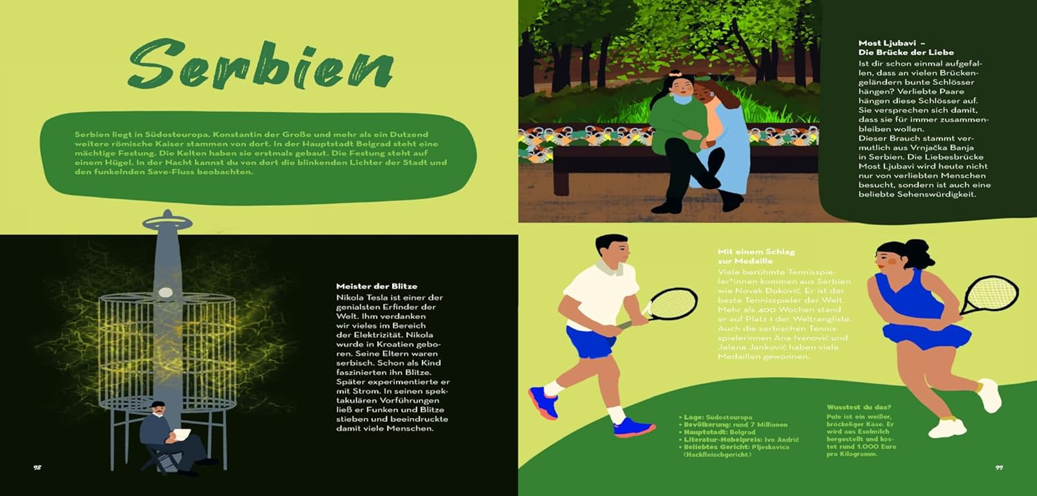 Aufgeschlagene Doppelseite des Kinderbuchs "Gute Nachrichten aus aller Welt" mit Illustrationen über Serbien.