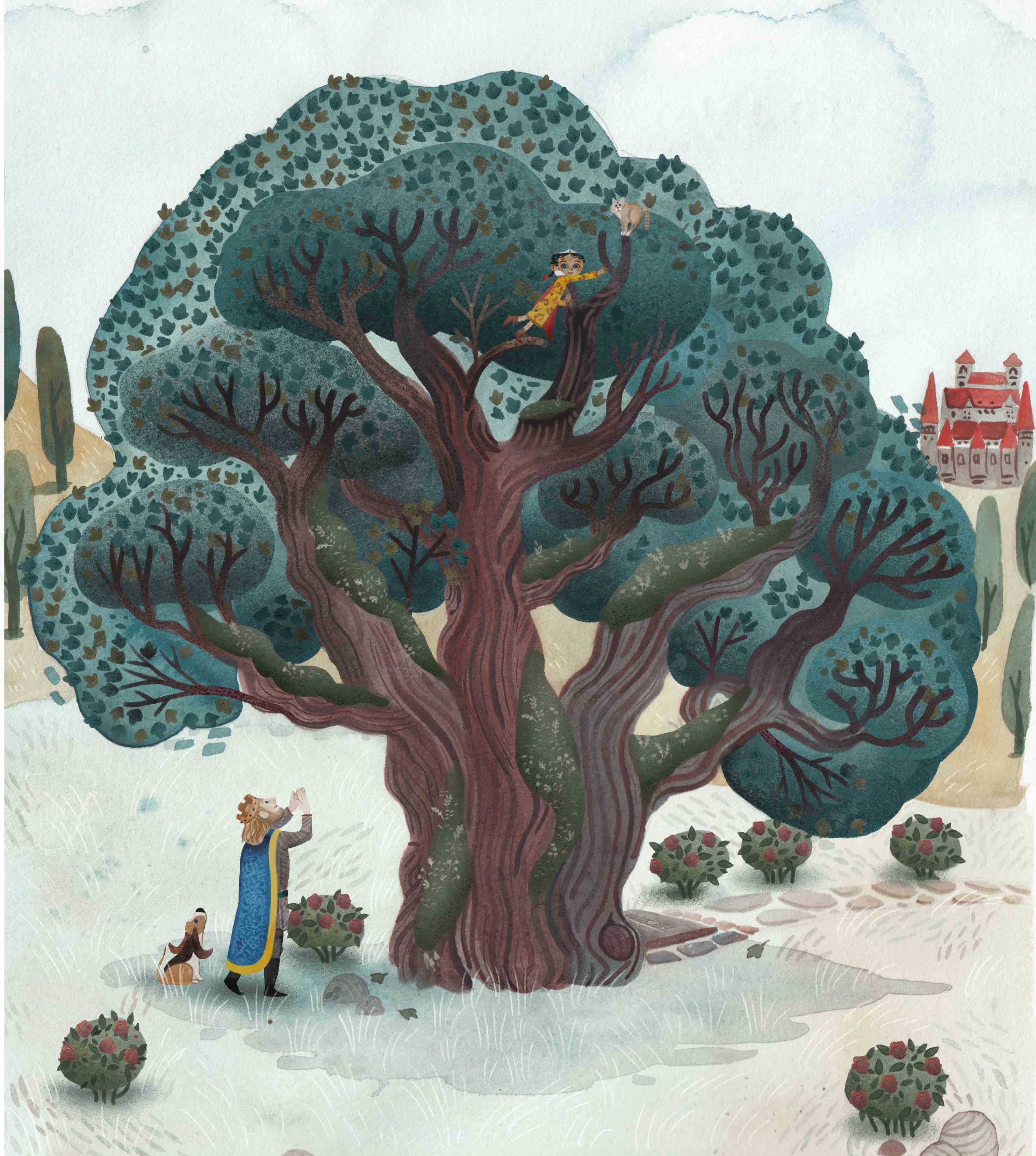 Illustration aus "Schneewittchen – neu erzählt" zeigt Schneewittchen auf einem Baum, während der König und ein Hund unten stehen.