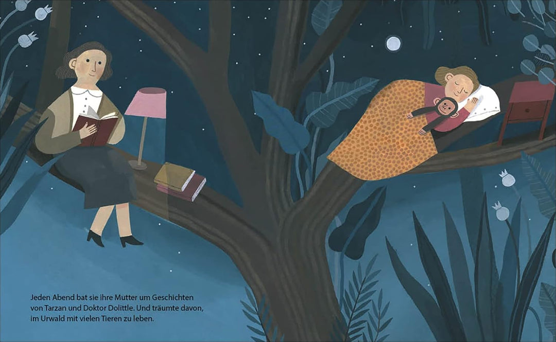 Jane Goodall liegt im Schlafsack im Wald und lauscht den Geräuschen der Tiere. Die Szene stellt einen Moment aus ihrem Leben als Forscherin dar.