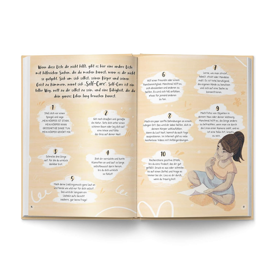 Illustration aus "Liebe deinen Körper" zeigt ein Mädchen, das nachdenklich auf dem Boden sitzt. Daneben zehn Tipps zur Selbstliebe und Selbstfürsorge in Sprechblasen.