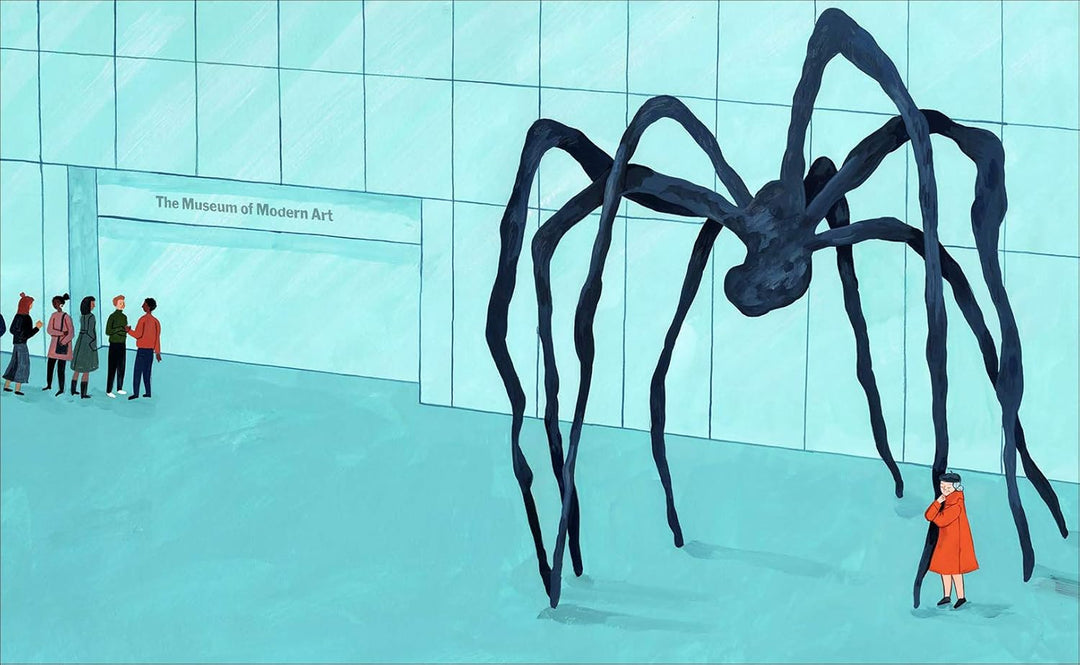 Louise Bourgeois betrachtet gemeinsam mit anderen Menschen ihre berühmte riesige Spinnenskulptur.