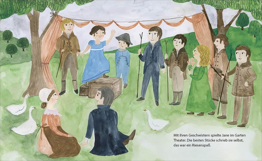 Seite aus der Jane Austen Biografie zeigt Jane mit ihren Geschwistern. Sie führen ein Theaterstück im Garten auf, das sie selbst geschrieben hat.