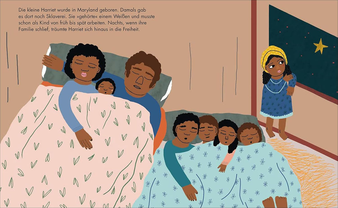 Illustration zeigt Harriet Tubmans große Familie, die im Bett schlafen, während sie aus dem Fenster schaut.
