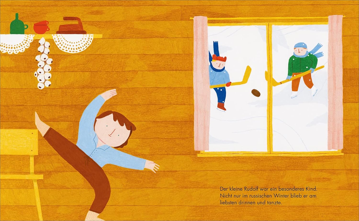 Zu sehen ist Rudolf Nurejew als kleines Kind. Er ist im Haus und tanzt, während die anderen Kinder draußen Eishockey spielen.