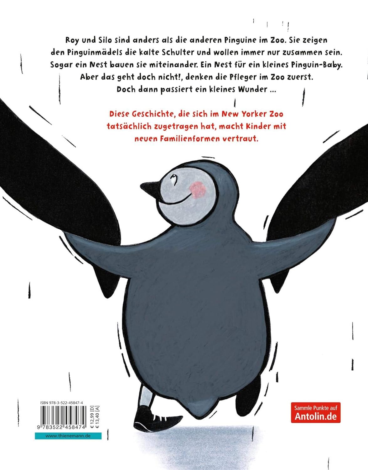 Rückseite des Kinderbuchs "Zwei Papas für Tango" mit einem Pinguin und einer Beschreibung der wahren Geschichte aus dem New Yorker Zoo. 