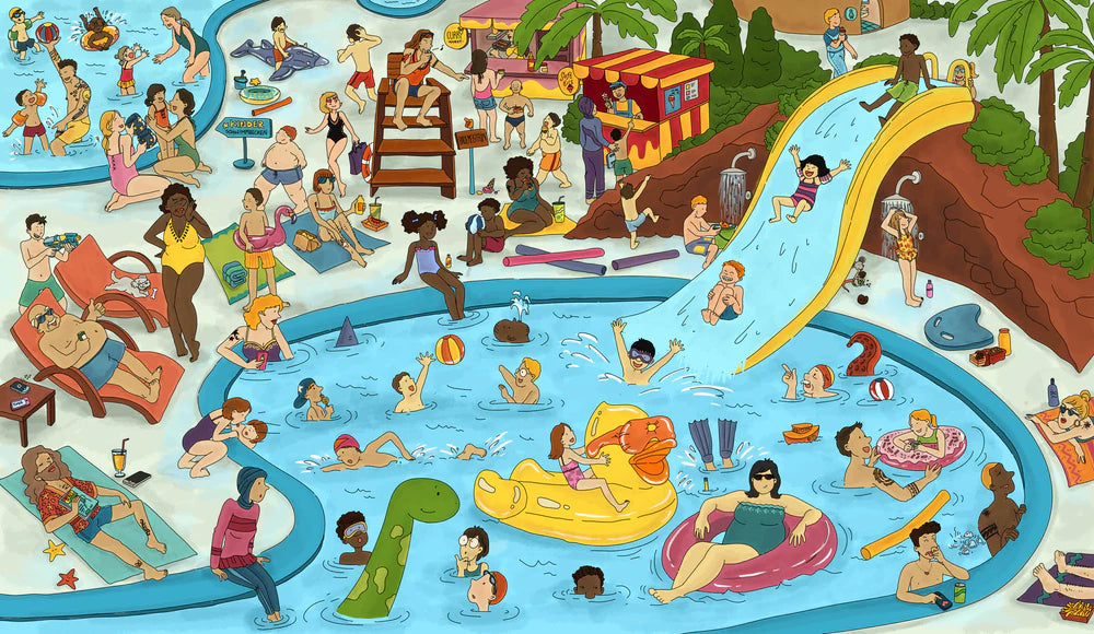 Illustriertes Wimmelbild aus "Mimis kunterbunte Welt" mit Szenen im Schwimmbad. Die Kinder spielen im Wasser und auf der Wasserrutsche.