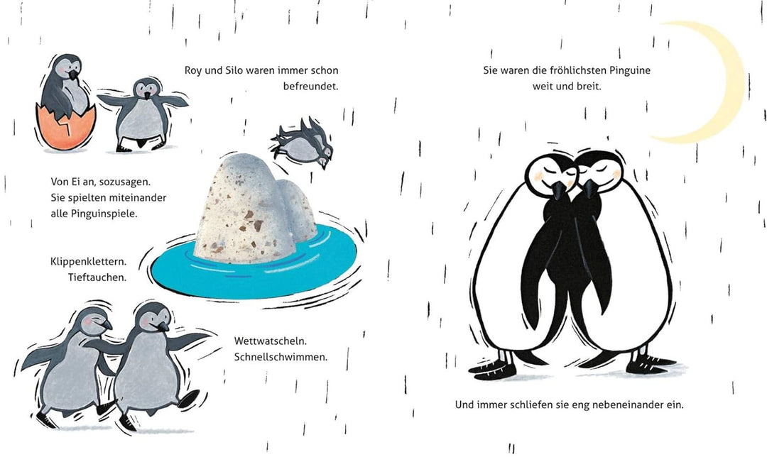 Illustration aus dem Kinderbuch "Zwei Papas für Tango" mit zwei Pinguinen, die von klein auf befreundet sind und miteinander spielen.