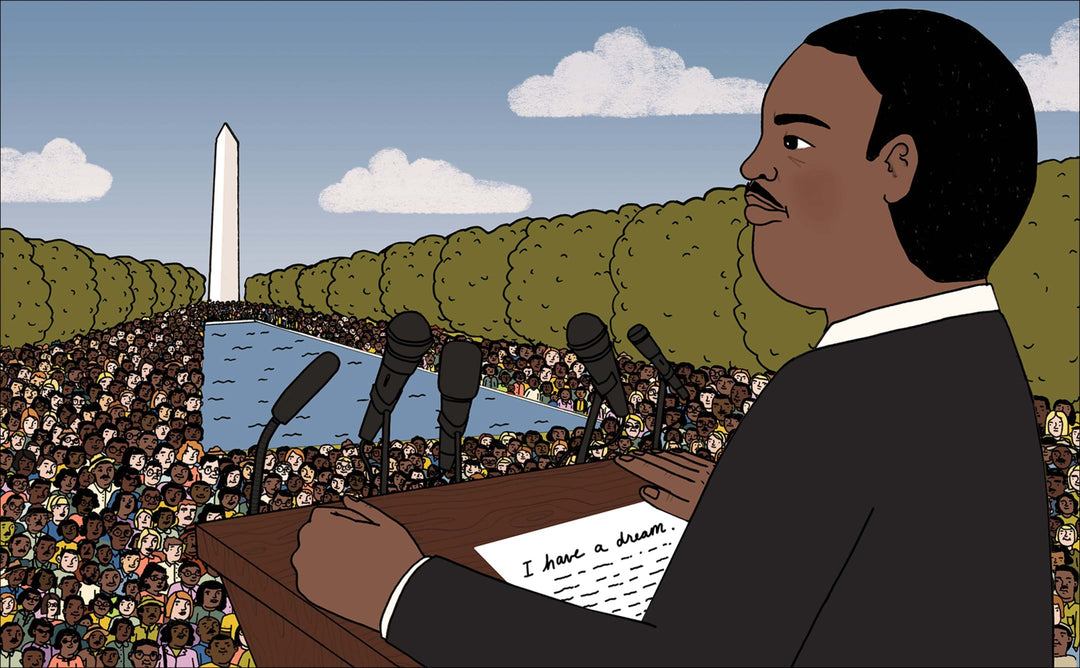 Illustration aus der "Martin Luther King" Biografie bei seiner Rede "I have a dream" am Rednerpult. Er steht vor einer großen Menschenmenge und dem Washington Monument.