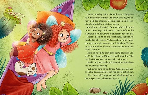 Die Illustration des Kinderbuchs "Mina Wirbelfee" zeigt Mina und Mirabella, die gemeinsam mit einem Hund in der Hängematte liegen.