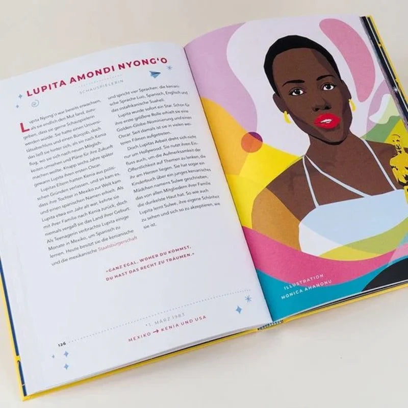 Innenansicht des Rebel Girls Buchs mit Biografie und farbiger Illustration von Lupita Amondi Nyong'o. Kinderbuch über Migration, Mut und Identität.