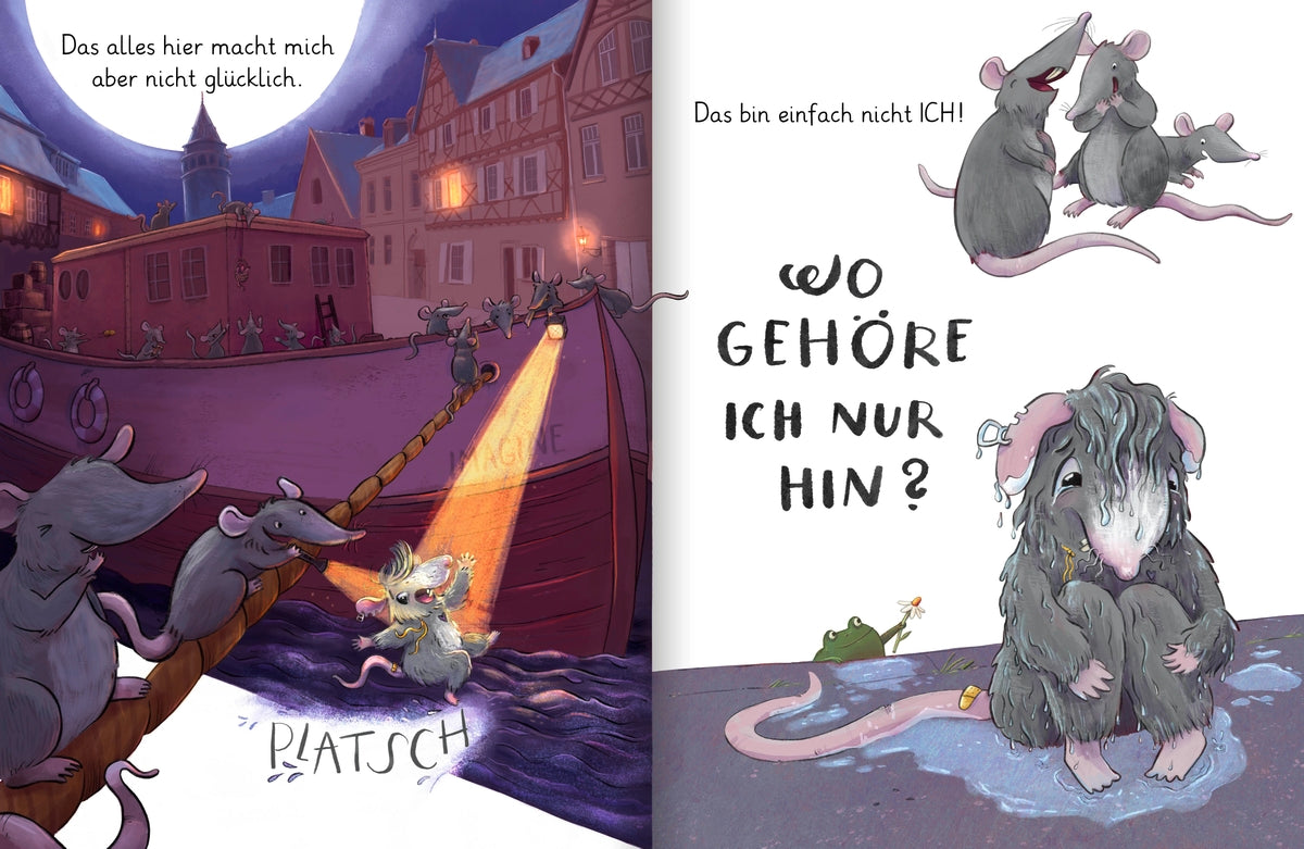 Doppelseite aus dem Kinderbuch "Weil ich anders bin". Illustriert wird eine Ratte, die aus einem Boot ins Wasser fällt. Rechts sitzt die nasse Ratte traurig neben einem Frosch.