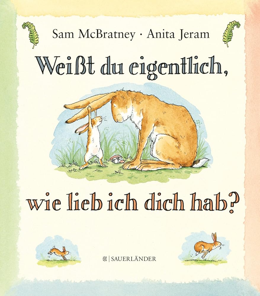 Cover des Kinderbuchs "Weißt du eigentlich, wie lieb ich dich hab?" zeigt die Illustration von einem großen Hasen und einem kleinen Hasen, die miteinander spielen.