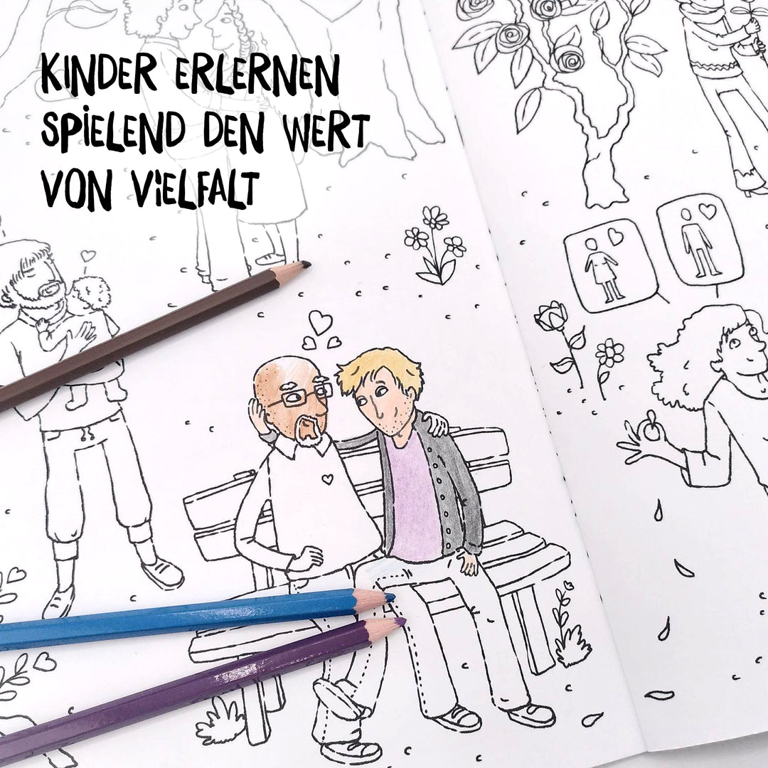 Seite aus dem Malbuch für alle von Hautfarben. Die Illustration zeigt, wie vielfältig Beziehungen sein können und vermittelt Wissen über Vielfalt und Toleranz.