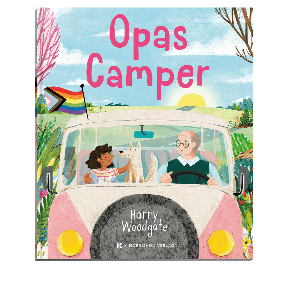 Cover des Kinderbuchs "Opas Camper". Die Illustration zeigt einen Opa am Steuer eines Campers. Neben ihm sitzt ein kleines Kind mit einem Hund.