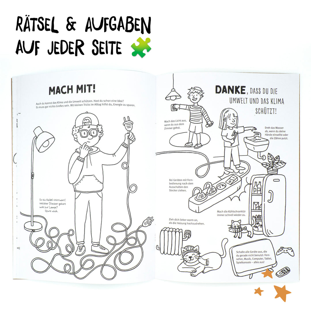 Innenansicht des Klimaschutz-Malbuchs mit Rätsel und Aufgaben auf jeder Seite. 