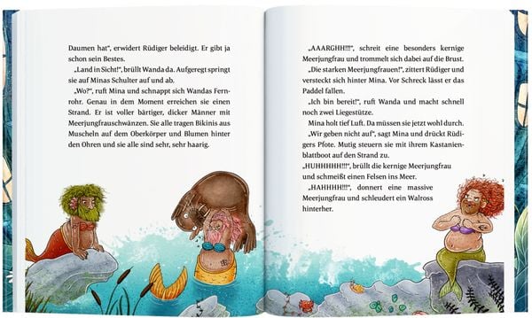 Buchseite aus "Mina Wirbelfee" mit einer Illustration von bärtigen Meerjungfrauen am Strand und einem humorvollen Textauszug.