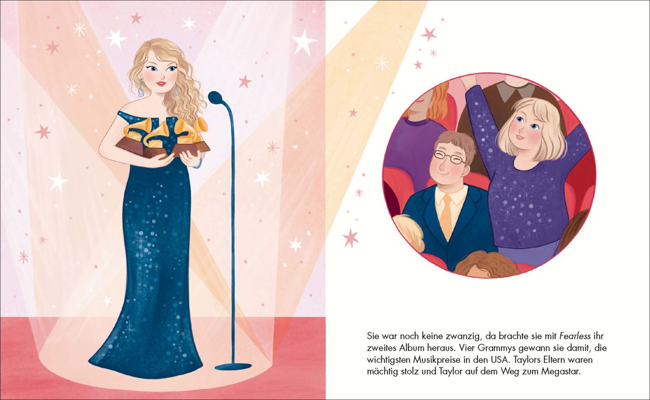 Doppelseite aus dem Kinderbuch über "Taylor Swift". Illustriert wird dargestellt, wie Taylor Swift auf der Bühne steht und vier Grammys in den Händen hält. Ihre Eltern sind stolz und jubeln ihr zu.