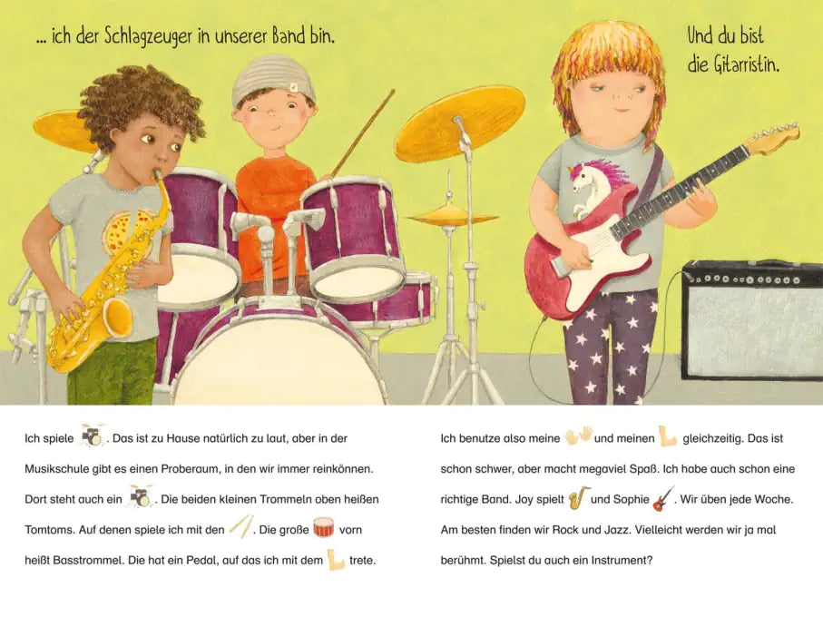 Doppelseite des Kinderbuchs "Ich bin anders als du". Die Illustration zeigt drei Kinder, die zusammen in einer Band spielen.