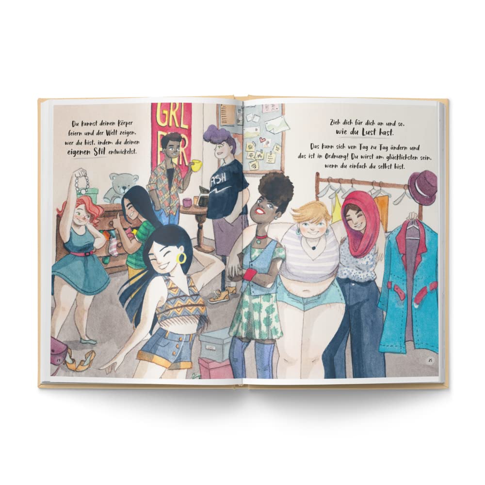 Illustration aus dem Kinderbuch "Liebe deinen Körper" zeigt verschiedene Mädchen und Frauen in bunten Outfits.