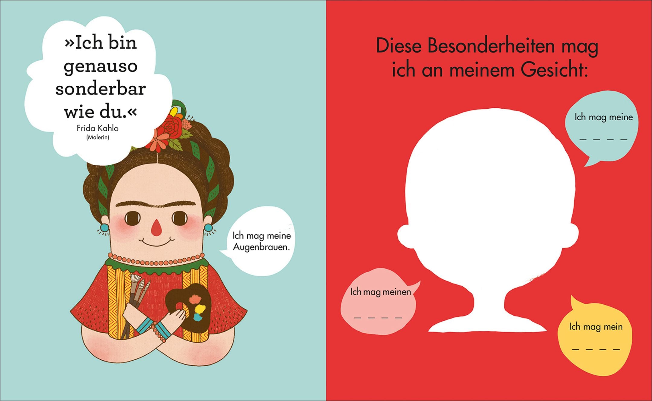 Doppelseite des Journals für Kinder mit einer Illustration von Frida Kahlo. Auf der anderen Seite gibt es Platz, um die eigenen Gesichtszüge zu beschreiben.