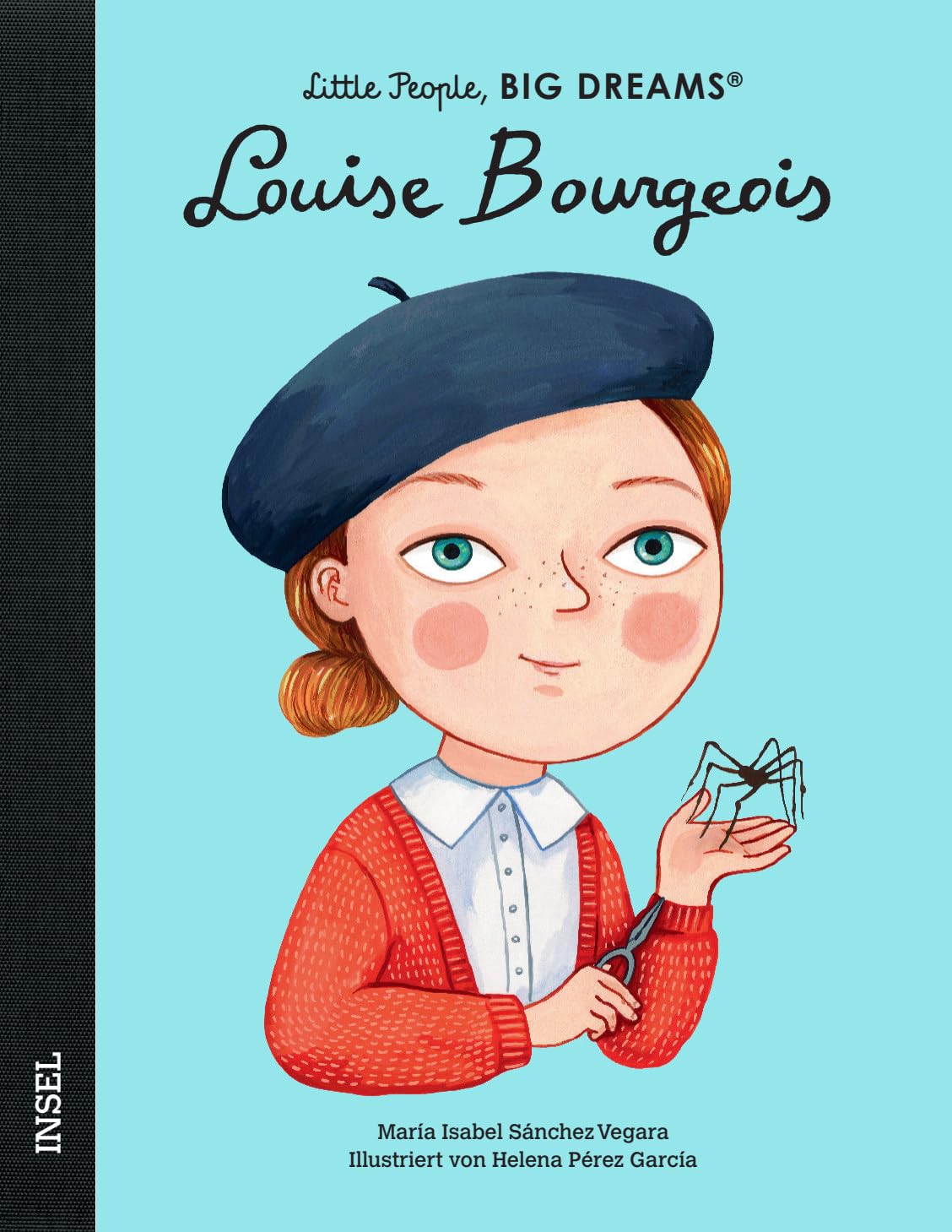 Cover des Kinderbuchs Louise Bourgeois Biografie mit einer gezeichneten Louise, die eine kleine Spinne in der Hand hält und ein Barett trägt.