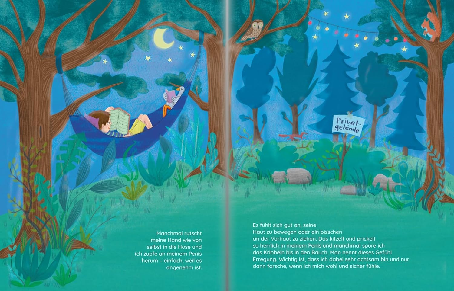 Illustration aus dem Aufklärungsbuch "Luca lernt sich kennen" zeigt einen Jungen mit einem Buch in der Hängematte. 