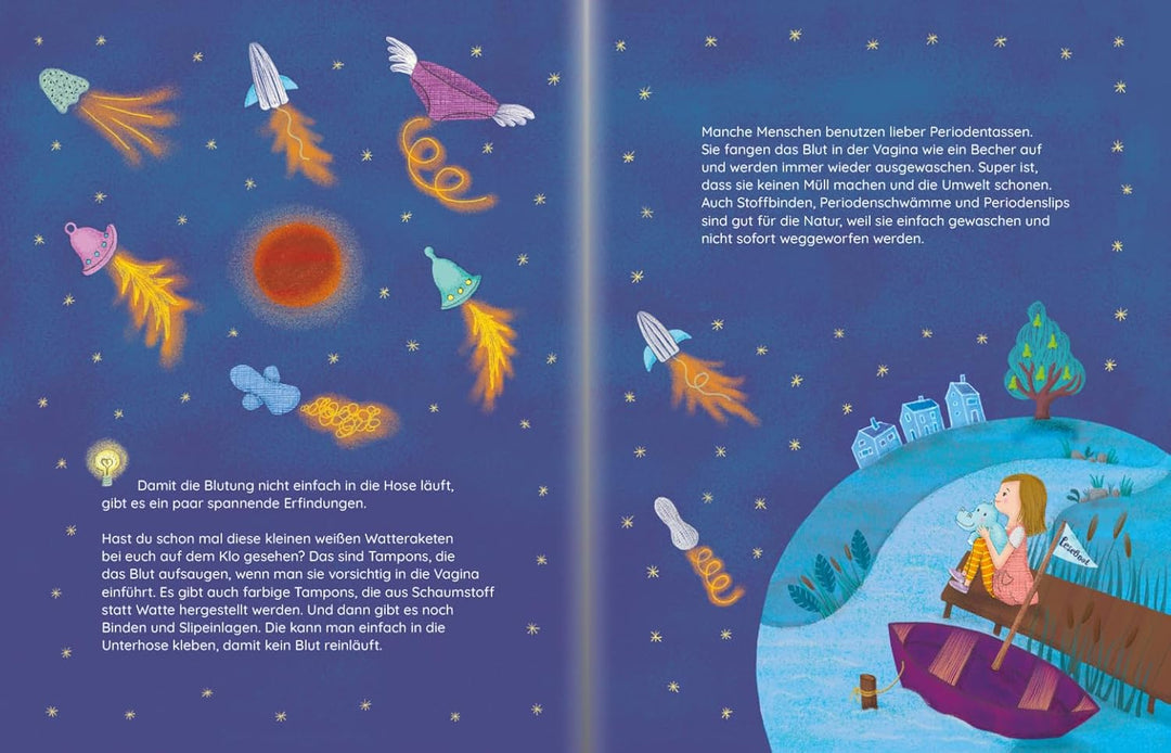 Die Illustration aus dem Kinderbuch "Lumi lernt sich kennen" zeigt Periodenprodukte, die durch den Weltraum fliegen. Dazu gibt es kindgerechte Erklärungen.