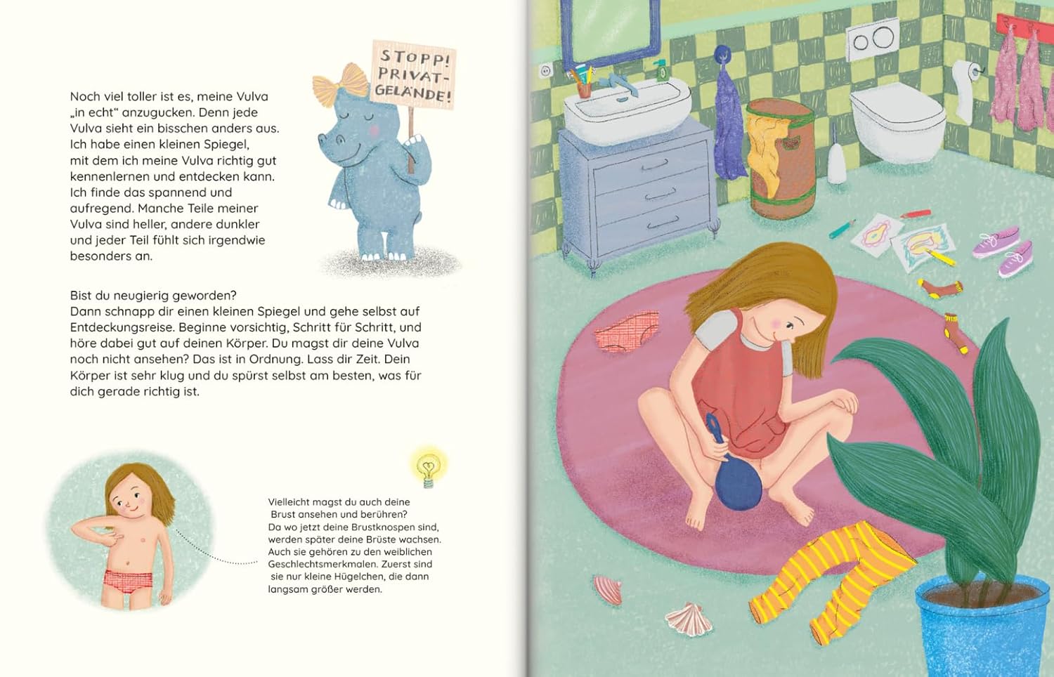 Illustration aus dem Kinderbuch "Lumi lernt sich kennen". Ein Mädchen sitzt auf dem Badezimmerteppich und begutachtet ihren Körper mit einem Spiegel.