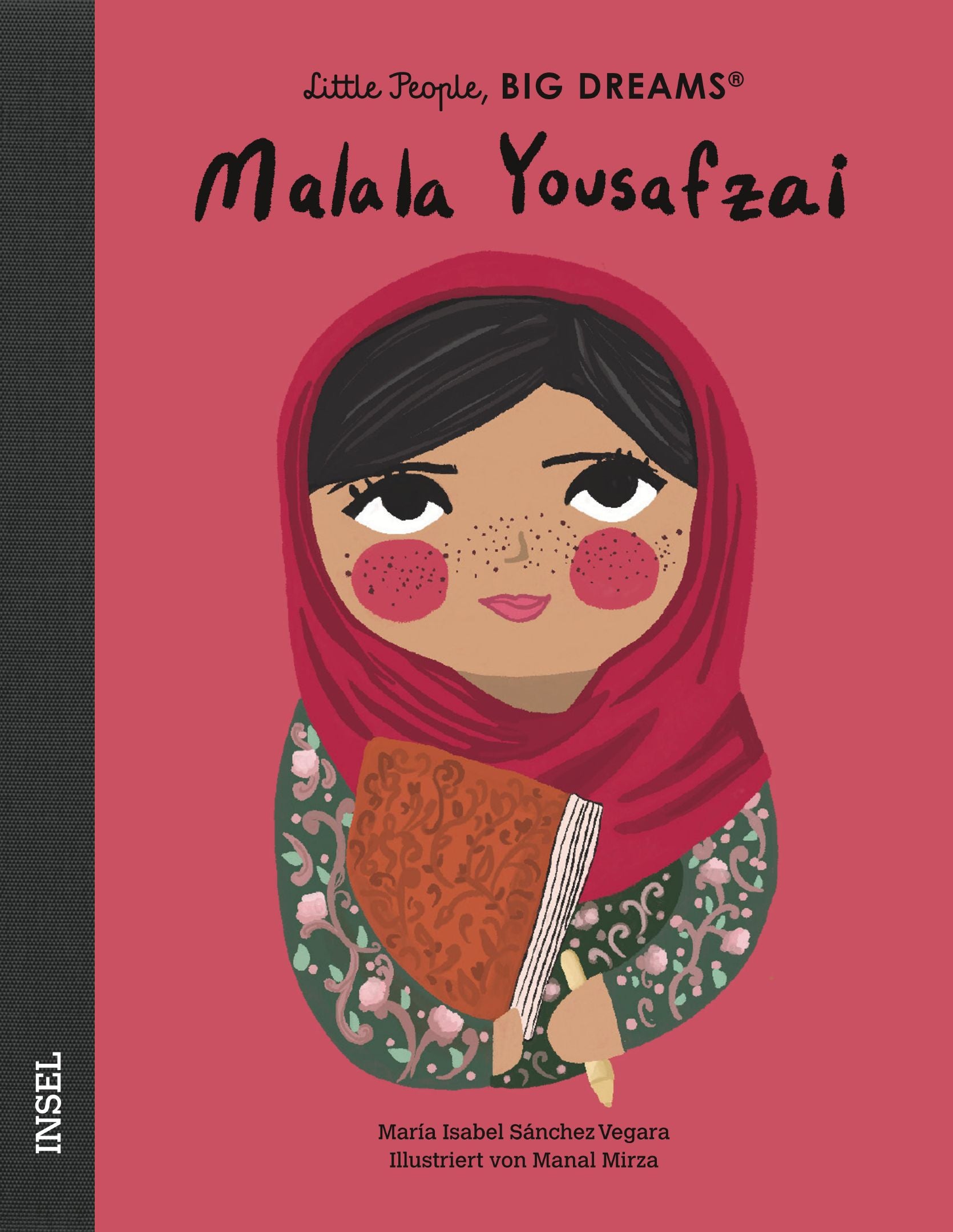 Cover der Biografie für Kinder zeigt "Malala Yousafzai" mit Kopftuch und einem Buch in der Hand.