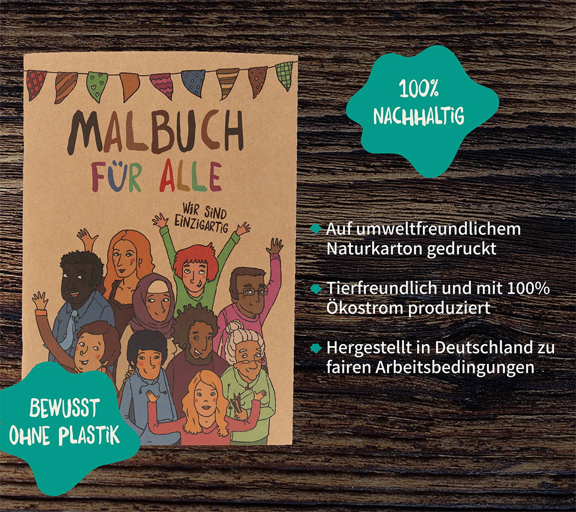 Die Illustration zeigt das Malbuch für alle, nachhaltig auf Naturkarton gedruckt, plastikfrei, ideal als Kindermalbuch, produziert mit Ökostrom in Deutschland.