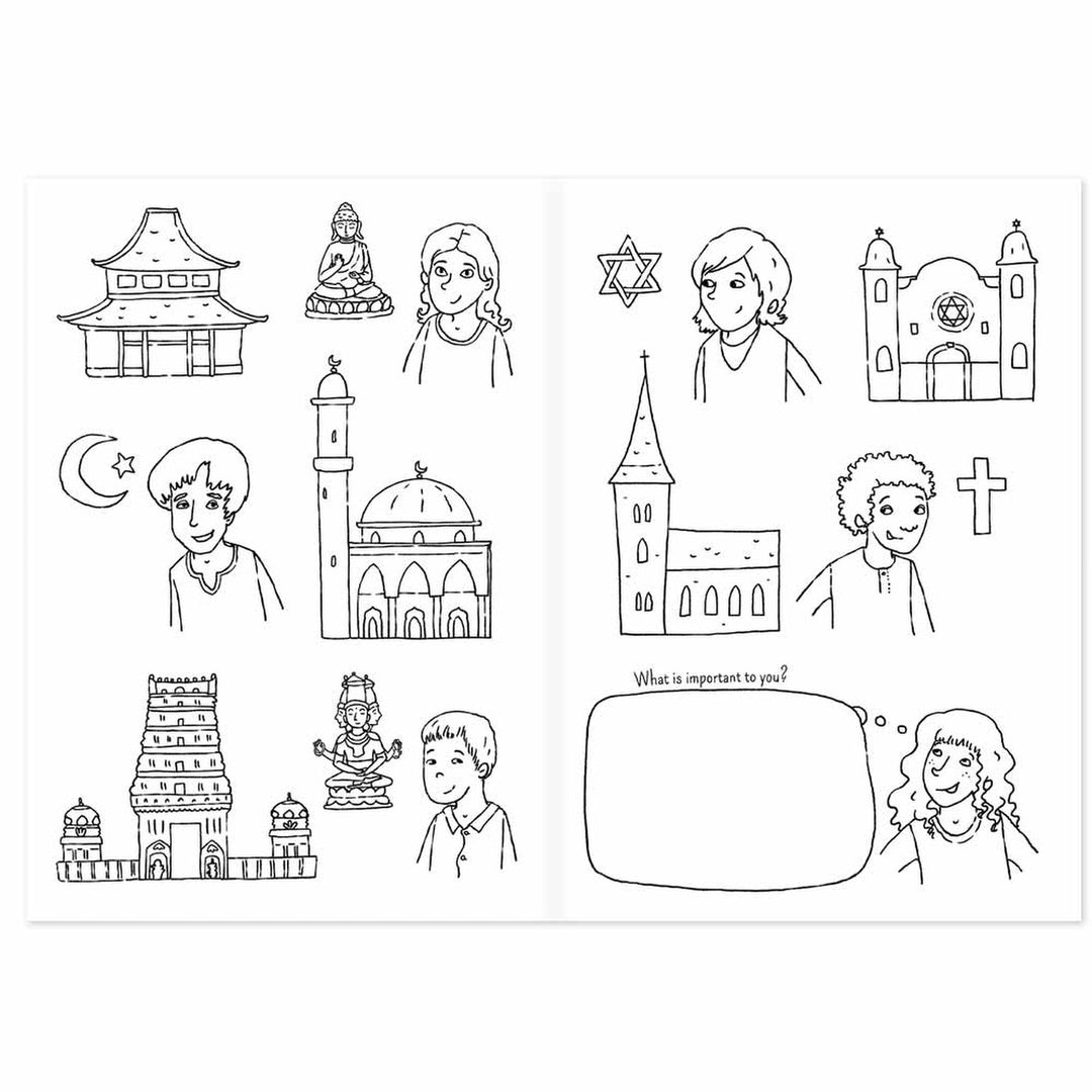 Innenansicht des Malbuch für alle Wimmelbild zum Ausmalen für Kinder das verschiedene Religionen zeigt