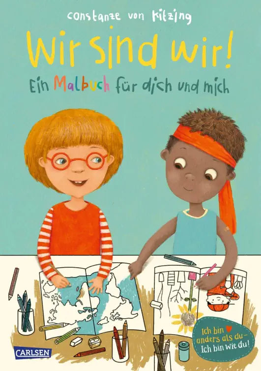 Cover des Malbuchs "Wir sind wir!". Die Illustration zeigt zwei Kinder unterschiedlicher Hautfarbe, die gemeinsam malen.