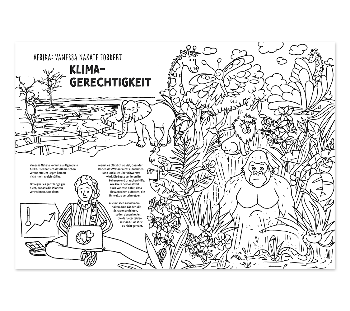 Seite aus dem Malbuch für Kinder zeigt eine Figur mit Laptop, die den Klimawandel erklärt. Rechts tropische Tiere wie Gorillas, Elefanten, Löwen und Schmetterlinge.