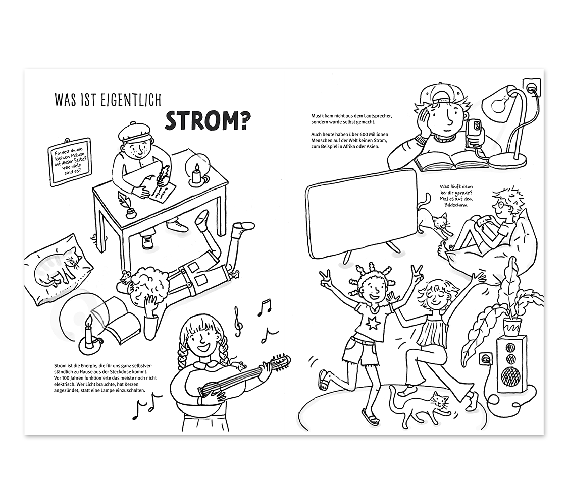 Malbuchseite zum Thema Strom. Illustration zeigt Kinder, die Musik spielen, lesen und elektrische Geräte nutzen.