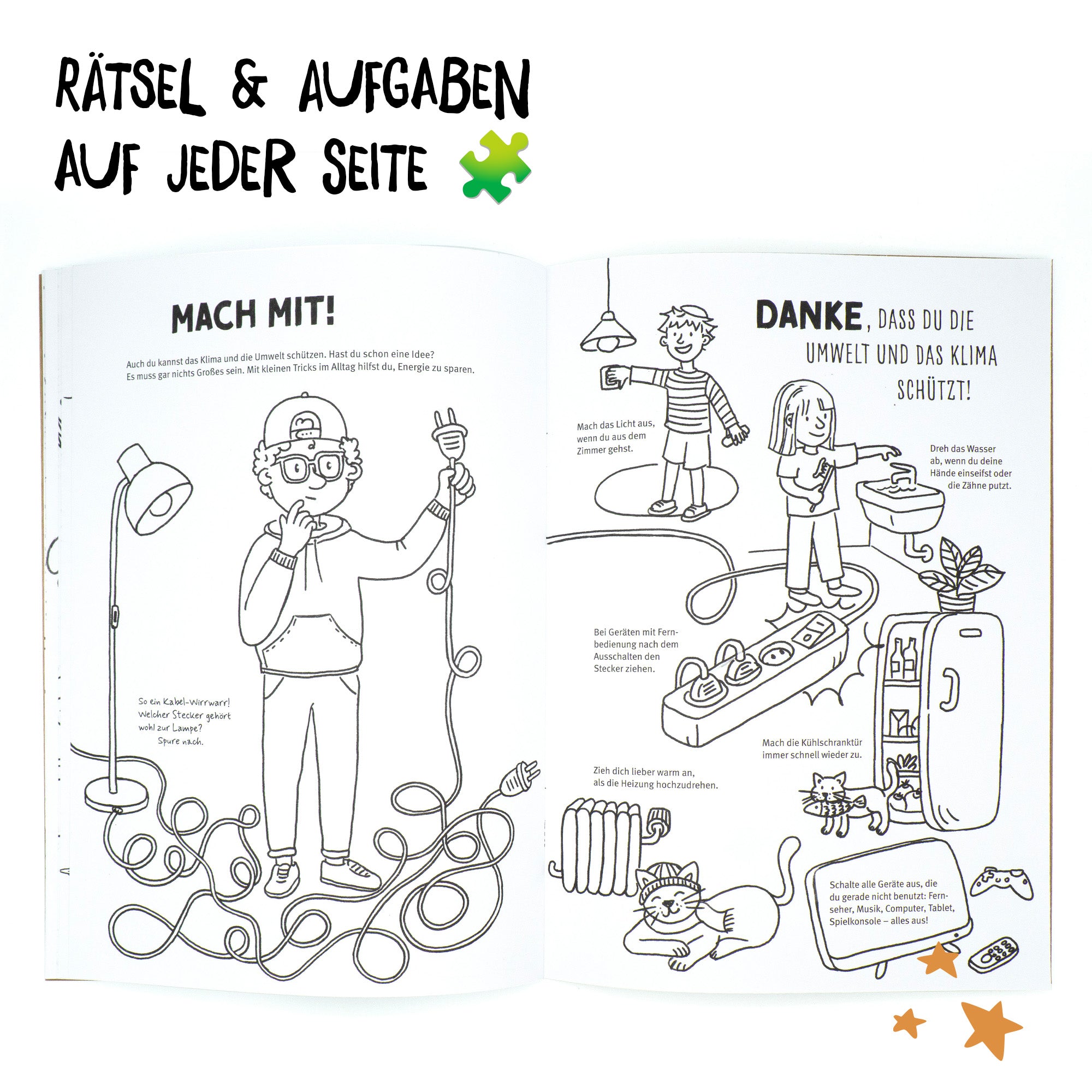 Innenansicht des Klimaschutz-Malbuchs mit Rätseln und Aufgaben zum Klimaschutz auf jeder Seite.