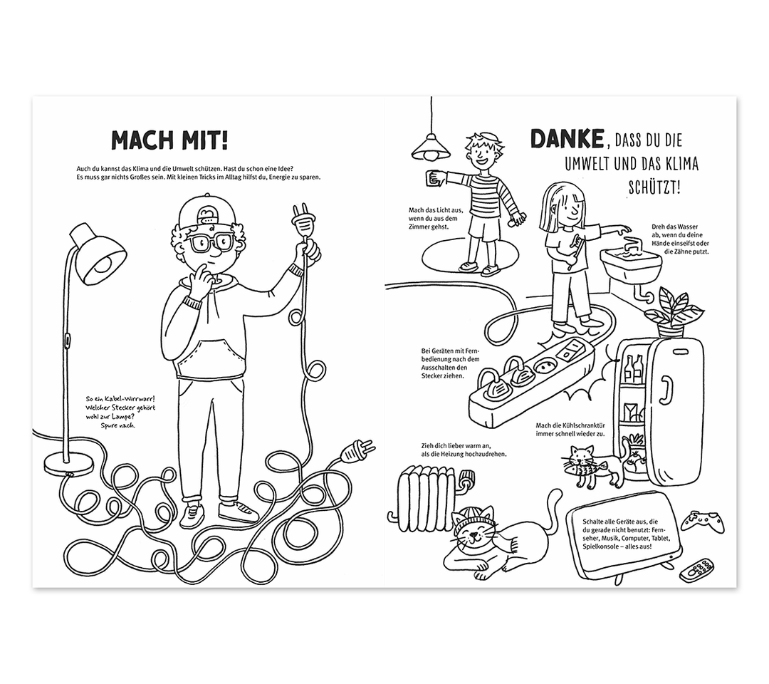 Die Zeichnung aus dem Malbuch zeigt Kinder, die Klimaschutz-Tipps umsetzen: Licht ausschalten, Wasser sparen, Geräte vom Stromnetz trennen und Heizenergie reduzieren.