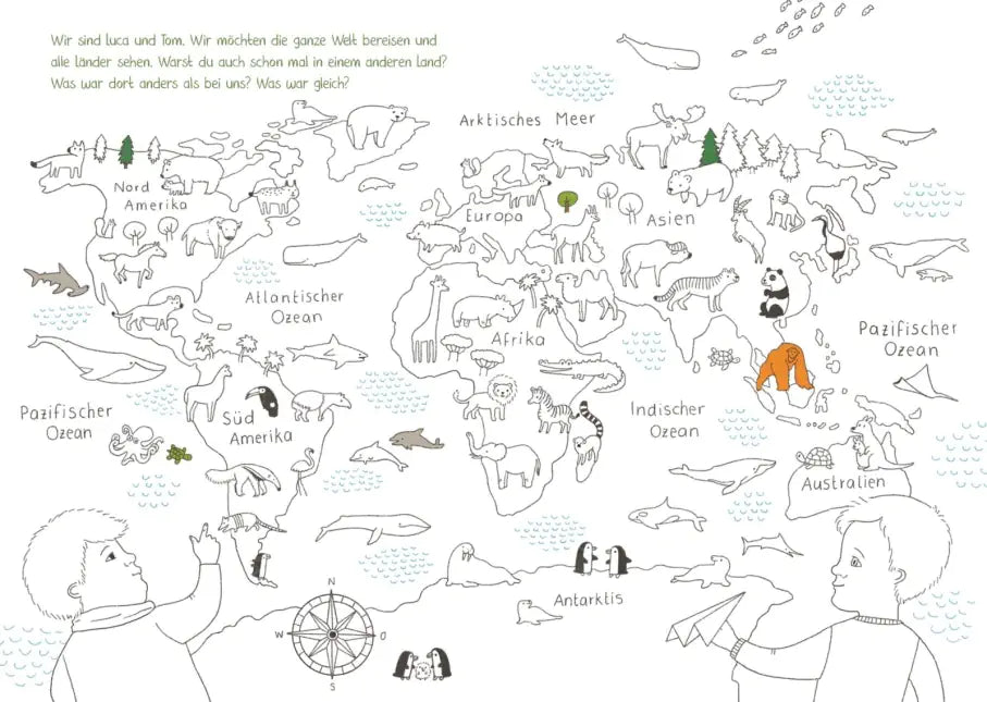 Seite aus dem Malbuch "Wir sind wir!". Das Bild zeigt eine Weltkarte mit Tieren, die in verschiedenen Kontinenten und Ozeanen leben. Unten sind zwei Kinder abgebildet, die die Karte erkunden.