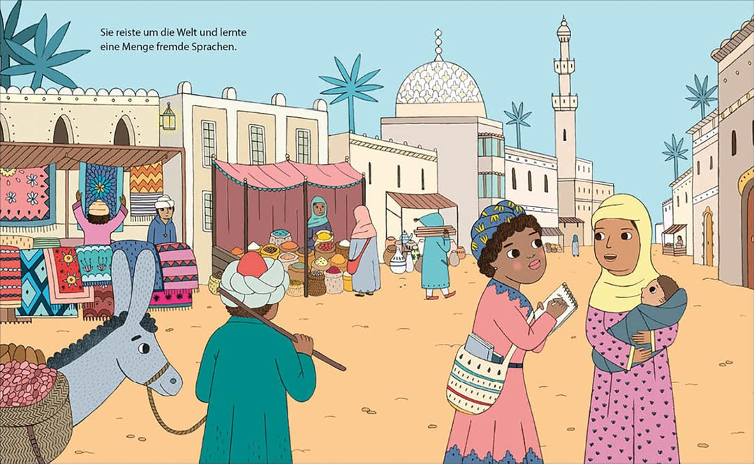 Szene aus der Biografie für Kinder über Maya Angelou. Die Illustration zeigt Maya, die um die Welt reist und mit den Menschen spricht.