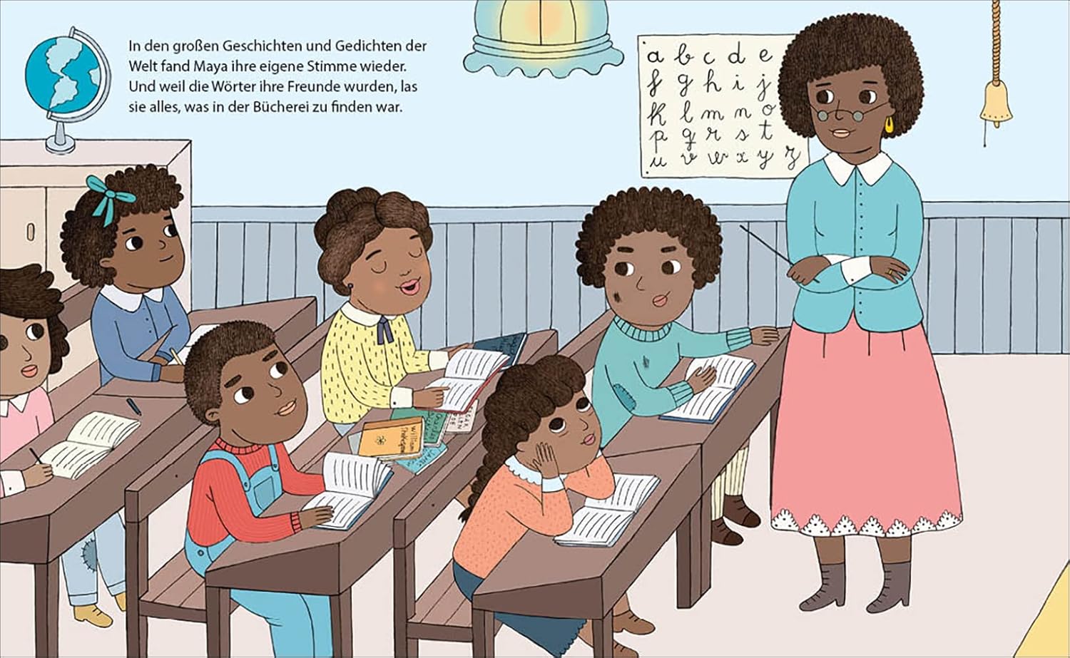 Illustration aus der Biografie Maya Angelou zeigt Maya im Klassenzimmer. Sie liest aus einem Buch vor.