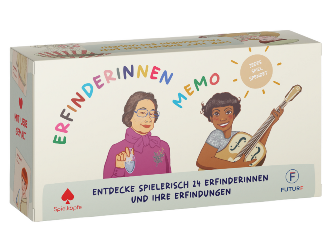 Verpackung des Memory "Erfinderinnen Memo" mit Illustration von zwei Erfinderinnen und ihren Erfindungen.