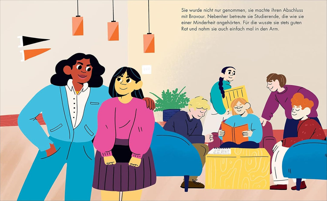 Illustration aus dem Buch "Michelle Obama" arbeitet mit mehreren Kindern an einem Tisch. Sie erklärt etwas, während die Kinder aufmerksam zuhören.