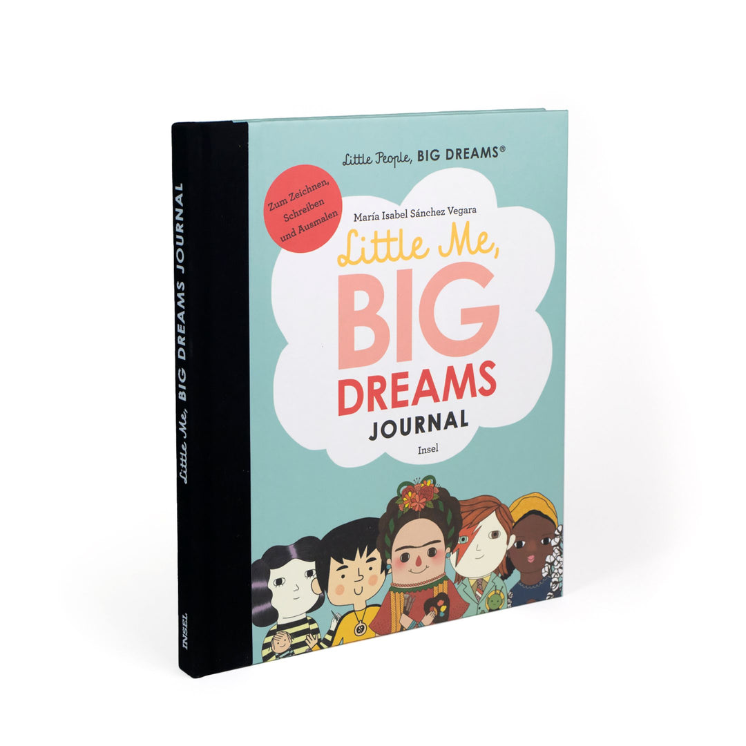 Buchcover des "Little Me, Big Dreams Journal" mit Illustrationen berühmter Persönlichkeiten zum Zeichnen, Schreiben und Ausmalen.