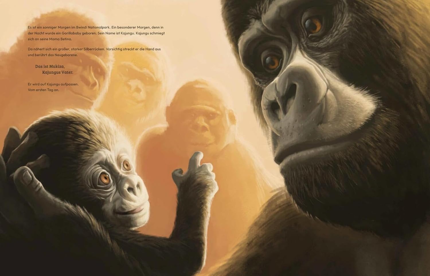 Illustration aus dem Kinderbuch "Mukiza" zeigt einen Gorilla mit seinem Jungtier im Wald in einer warmen Abendstimmung.