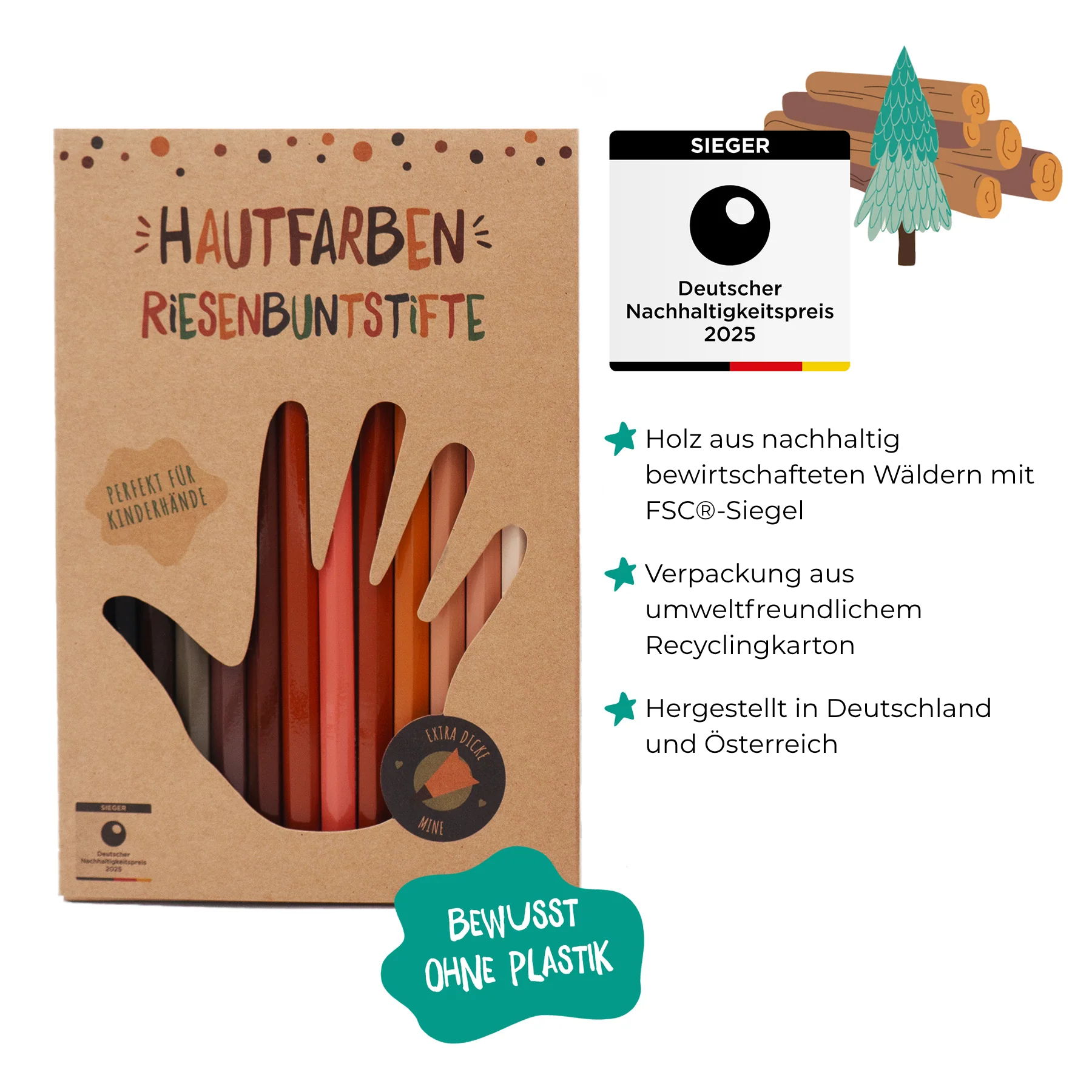 Riesenbuntstifte von Hautfarben, ausgezeichnet mit dem Deutschen Nachhaltigkeitspreis 2025. Nachhaltig produziert und verpackt.
