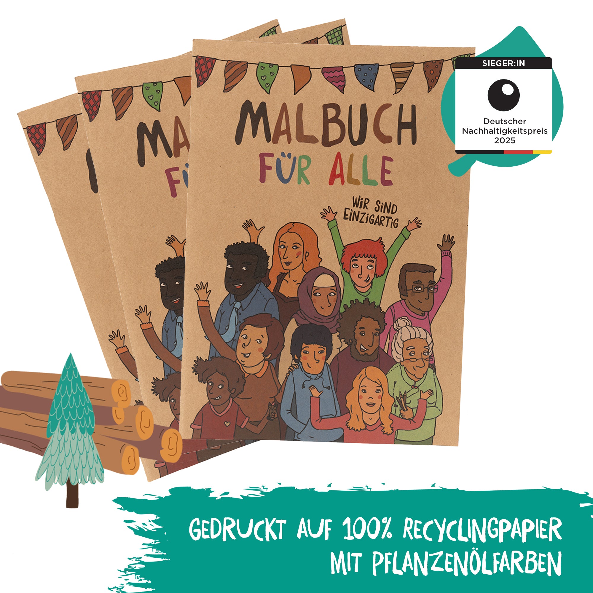 Drei Malbücher für alle, gedruckt auf 100% Recyclingpapier mit Pflanzenölfarben. Nachhaltig und fair produziert.