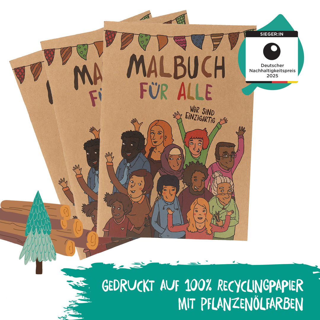 Drei Malbücher für alle, gedruckt auf 100% Recyclingpapier mit Pflanzenölfarben. Nachhaltig und fair produziert.