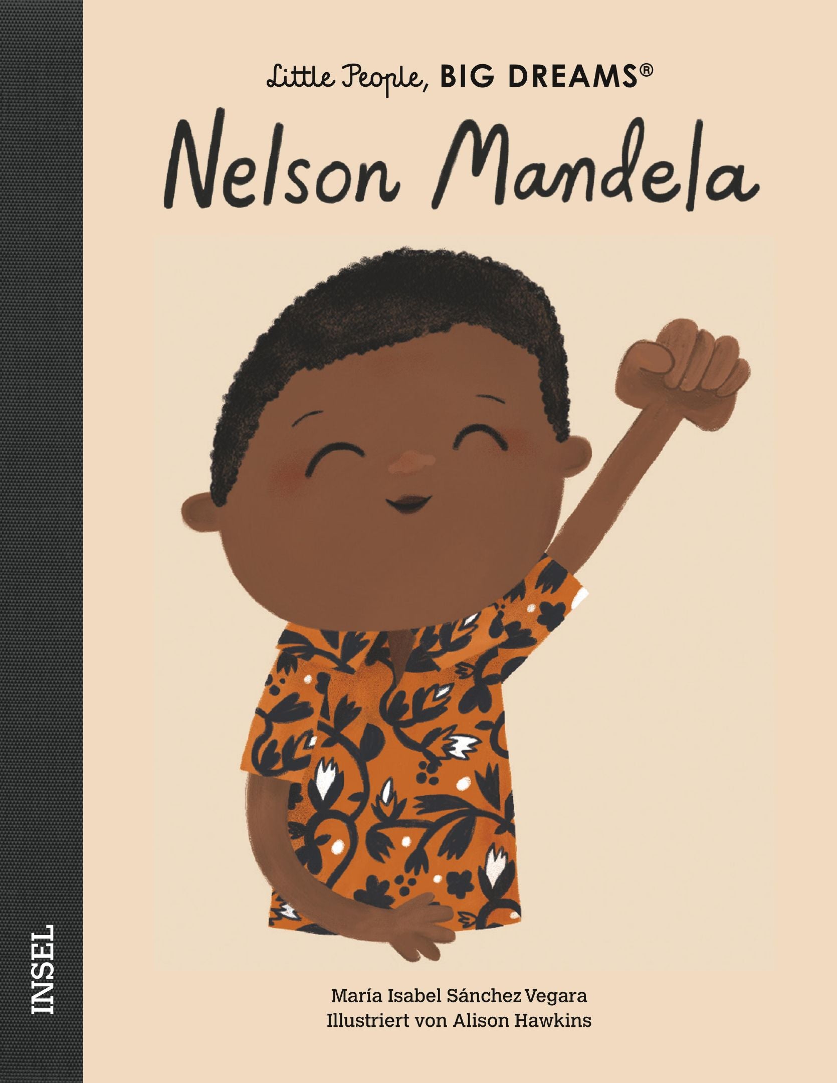 Cover des Buches "Little People, Big Dreams: Nelson Mandela" mit einer Illustration von Nelson Mandela, lächelnd und mit erhobener Faust.