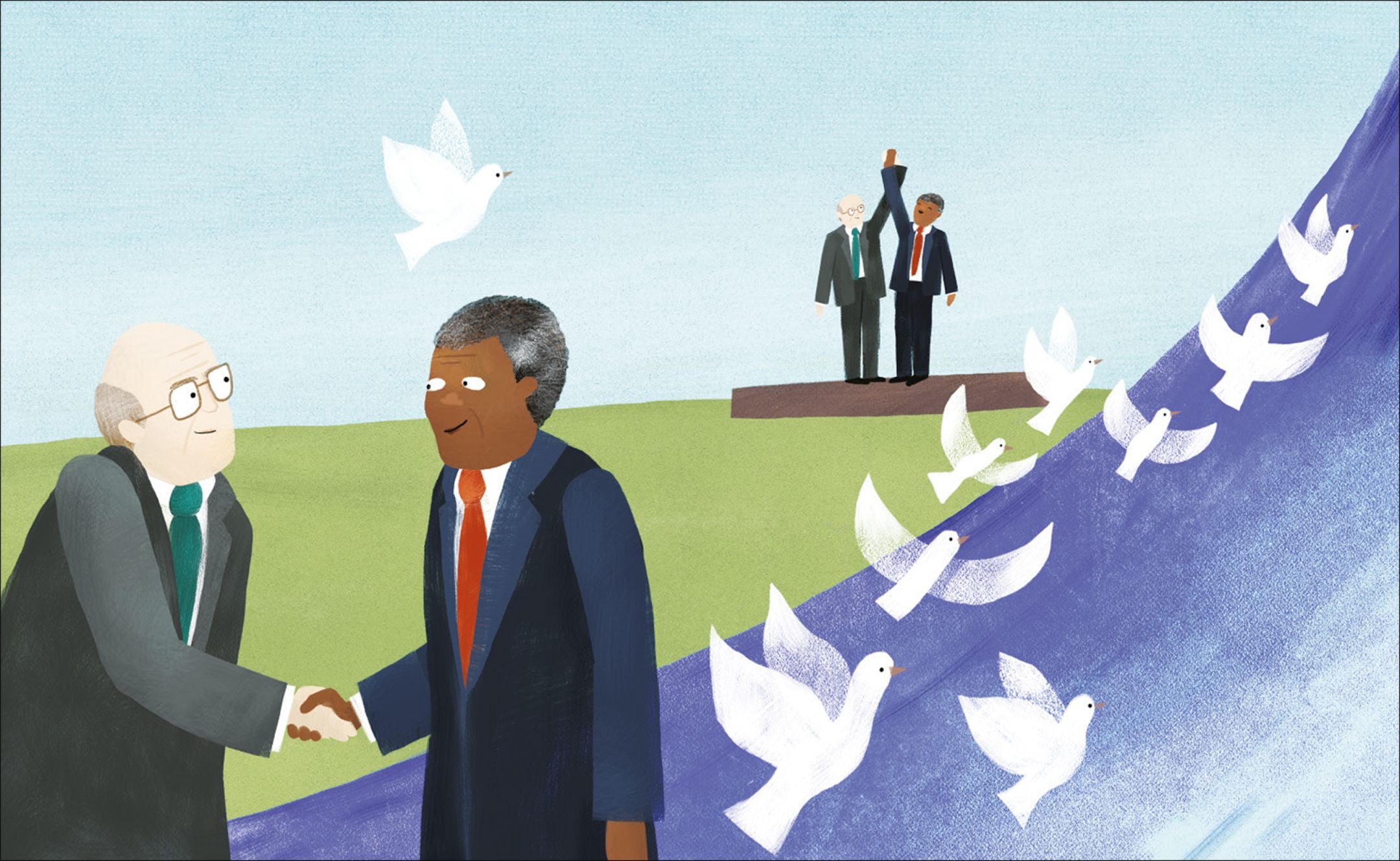 Illustration von Nelson Mandela beim Händeschütteln mit einem anderen Mann. Weiße Tauben fliegen im Hintergrund als Symbol für Frieden und Freiheit.