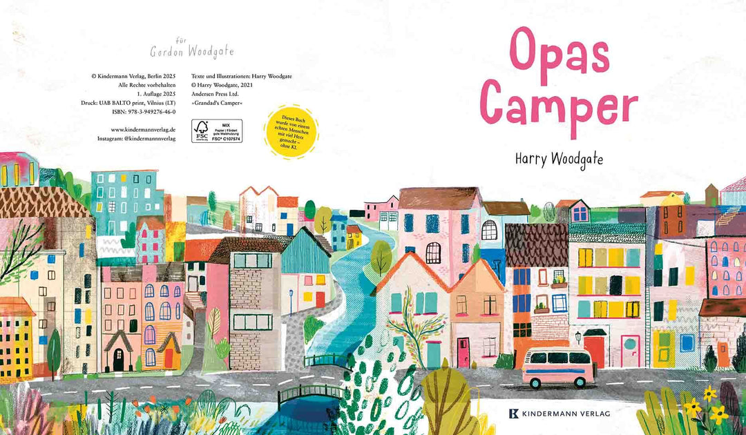 Cover und Rückseite des Kinderbuchs "Opas Camper" von Harry Woodgate. Die Illustrationen zeigen eine Stadt mit bunten Häusern und einem kleinen Camper auf der Straße.