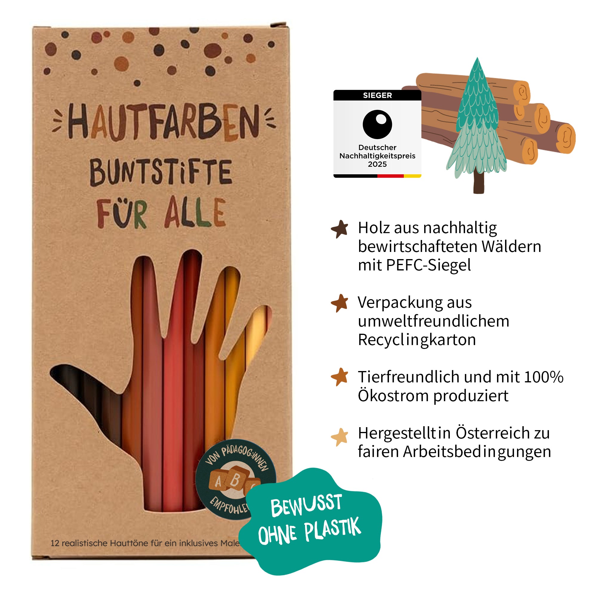 Hautfarben-Buntstifte in nachhaltiger Verpackung aus Recyclingkarton, hergestellt in Deutschland, umweltfreundlich und plastikfrei.